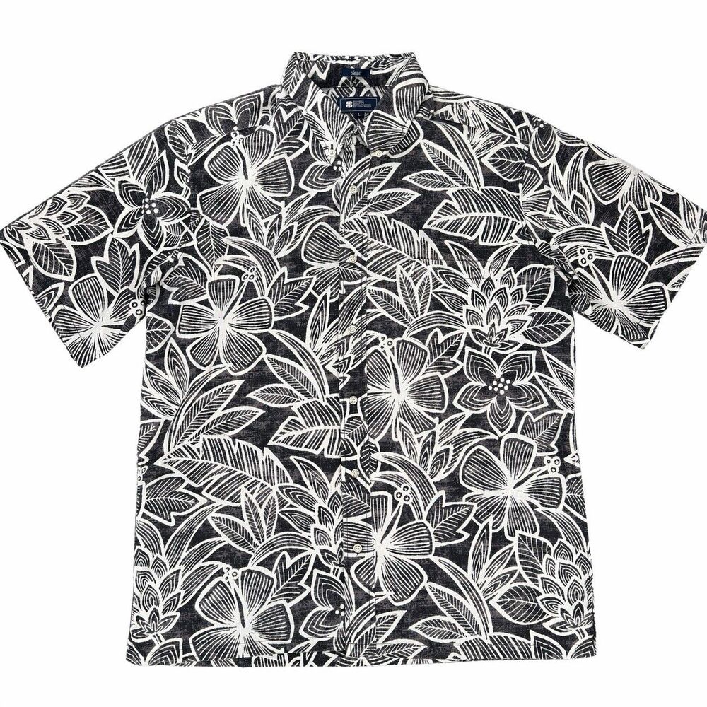 Reyn Spooner Classic Aloha Shirt Mens L Black White Floral Button Up - Picture 2 of 4